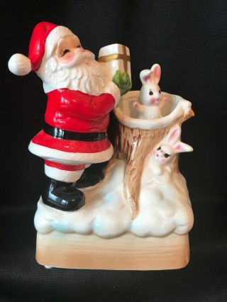 Vintage Josef Originals Christmas Santa Bunny Rabbit Rotates Music Box