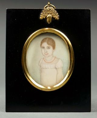 C.  1820 English School | Portrait Miniature Of A Young Girl In A White Dress