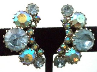 Rare Vintage Estate Signed Weiss Ab Rhinestone Flower 1 3/8 " Clip Earrings G893o