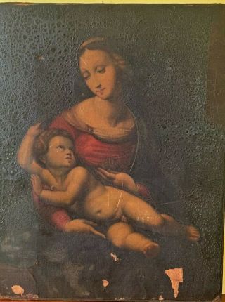 Antique Oil Painting On Canvas,  The Madonna And Child,  Unframed,  Unsigned