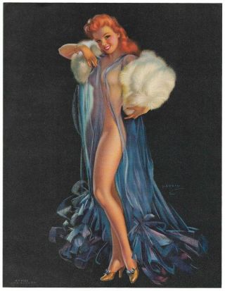 Vintage 1940s Art Deco Jules Erbit Pin - Up Print Titian Temptress Sheer Nightgown
