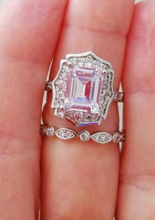 A199 Art Deco Vintage 18k White Gold Plated Radiant White Sapphire 2 Ring Set N