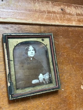 Vintage Small Daguerrotype Black & White Picture Of Women W Curly Hair In Black