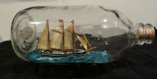 Vintage Ship In A Bottle Three 3 Masted Schooner Sailing Nautical Wooden Stand