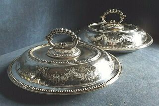 Good Pair Large 11 " Silver Plated Engraved Serving Dishes C1890