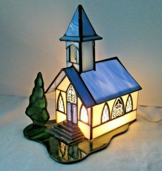 Vtg Stained Slag Glass Church Lamp Night Light W/ Bell Christmas Village