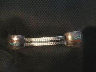 Vintage Sterling Silver Navajo Turquoise And Coral Watch Band 1970 