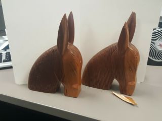1950 Vintage Hand Carved Wooden Donkey Bookends Solid Wood Decor Puerto Rico