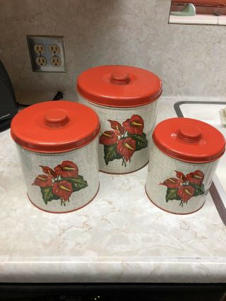Vintage Tin Litho Decoware Nesting Canisters,  Set Of 3,  Red Flower/red Lids