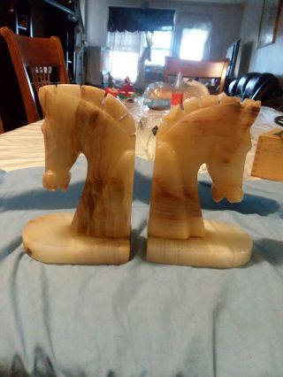 Vintage Marble Alabaster Quartz Onyx Horse Head Chess Knight Bookends