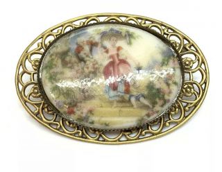 Vintage Porcelain Victorian Woman And Child Filigree 2 1/4” Brooch Pin