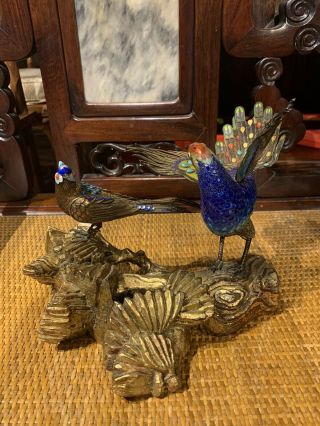 Fine Old Chinese Sterling Silver & Cloisonne Enamel Bird Figurine Statue W/stand