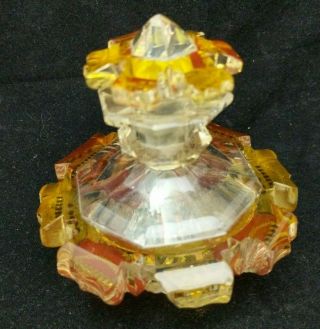 Antique Vintage Heavy Cut Glass Perfume Bottle Floral Etched Design Pink Yellow