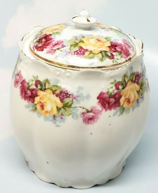 Vintage Hertel Jacob & Company Bavaria Yellow & Pink Roses Biscuit Jar