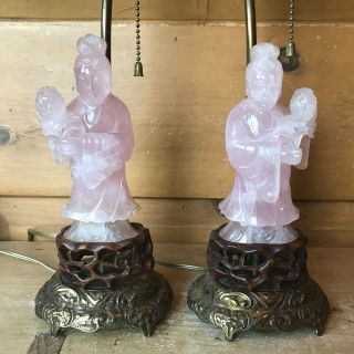 Antique Carved Rose Quartz Buddha Lamps Figural Chinese Guanyin Set Of 2