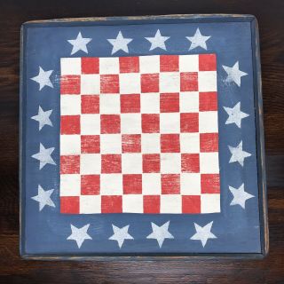 Vintage Wooden Chess Board Checkers Decor Red White Blue American Flag Patriot