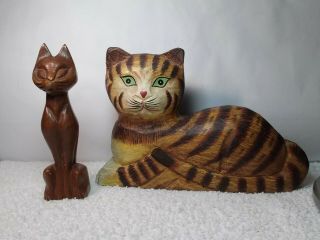 2 Folk Art Carved Wood Cat Sculptures A Vintage Sitting Upright & 1 Resting