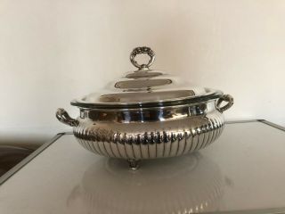 Stunning Silver Plated Lidded Serving Dish With A Glass Liner On 3 Splayed Feet