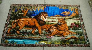 Vintage Velvet Lions Tapestry Wall Flowers Bright Colors Turkish Boho 46”x72”