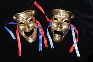 Vintage Solid Brass Drama Theater Greek Tragedy And Comedy Masks With Ribbons •