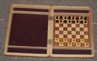 Vintage Wooden Soviet Compact Traveler Mini Pocket Folding Chess Set 1970s B