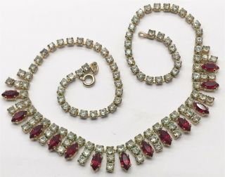 Vintage Art Deco Paste Set Red Clear Cluster Ladies Costume Necklace Chain