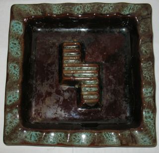 Vintage Mid - Century Brown Aqua Drip Glaze Ceramic Ashtray Ash Tray