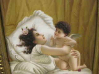 ANTIQUE GERMAN PAINTING ON PORCELAIN PLAQUE LADY HOLDING CHERUB SIGNED NUMBERED 2