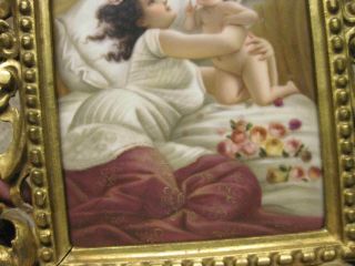 ANTIQUE GERMAN PAINTING ON PORCELAIN PLAQUE LADY HOLDING CHERUB SIGNED NUMBERED 3