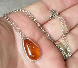 Vintage Stamped Art Deco Jewellery Real Inset Amber Cabochon 925 Silver Necklace