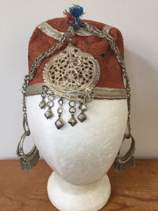 Vtg Middle Eastern Or South Asian Wedding Orange Peacock Metal Accents Hat Cap