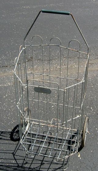 Vintage Wire Flea Market Grocery Laundry Shopping Collapsible Pull Cart Basket