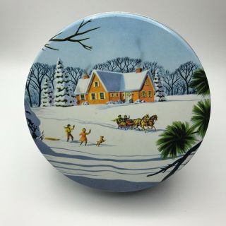 Vintage Cookie Tin Christmas Winter Holiday Snow Sleigh Atlantic Can Co 7 Inch
