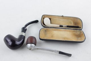 3 X Antique / Vintage Smoking Pipes Inc Cased Clay Pipe W/.  925 Sterling Silver