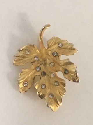 Vintage Signed Pennino Small Pin Brooch Leaf With Rhinestones