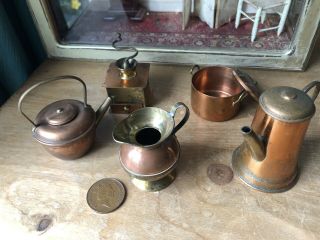 Vintage Dolls House 6th Scale Copper Kettle,  Coffee Pot & Grinder Etc.  5 Items