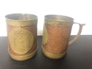 Set Of 2 Vintage Brass Copper Aztec Mayan Sun God Mexico Mugs Steins Tapered Top