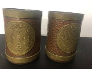Set of 2 Vintage Brass Copper Aztec Mayan Sun God Mexico Mugs Steins Tapered Top 2