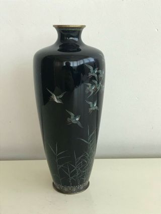 Antique Japanese Meiji Period Cloisonne Enameled Birds Vase Black 18,  5 cm.  RARE 2