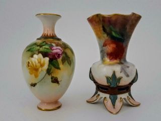 Pair Antique Royal Worcester James Hadley Hand Painted Floral Roses Vases C1905