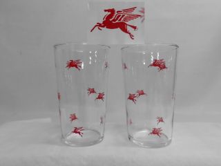 2 Vtg Mobil Oil Pegasus Drinking Glasses 2 Clear Tumblers W/ Red Pegasus