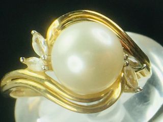 Vintage 10k Yellow Gold Cultured Pearl Topaz Floral Ring.  Sz 7.  2.  4gm