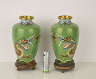 A CHINESE SMALL CLOISONNE VASES WITH IMPERIAL DRAGONS & STANDS 2