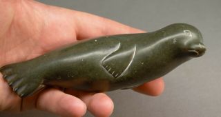 Vintage Native Made Inuit Green Soapstone Seal Carving 6 " Long Eskimo Art Canada