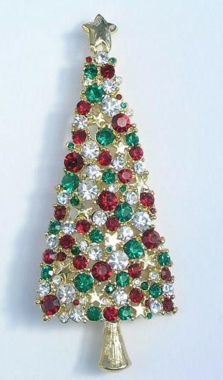 Vintage Tall Christmas Tree Brooch Rhinestones Gold Tone Stars Unsigned Lia?