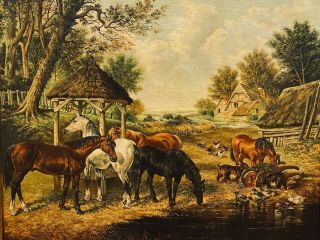 Large 19th Century English Farm Horses Chickens Goats John Frederick Herring