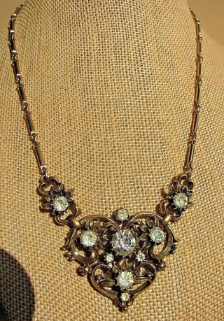 Vintage Signed Coro Lavalier Crystal Rhinestone Scroll Necklace Estate Jewelry