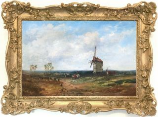 Windmill In A Landscape Antique Oil Painting By Henry Valter (fl.  1854 - 1898)
