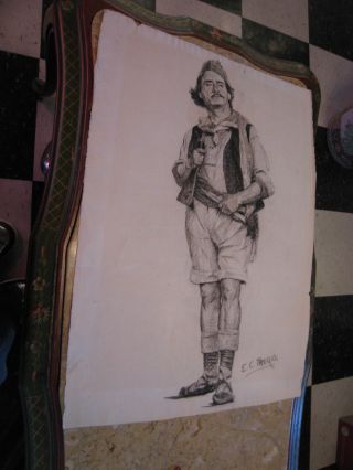 Vtg Antique Early 20th Cent Edward Comly Trego Charcoal Drawing Man W/ Pipe