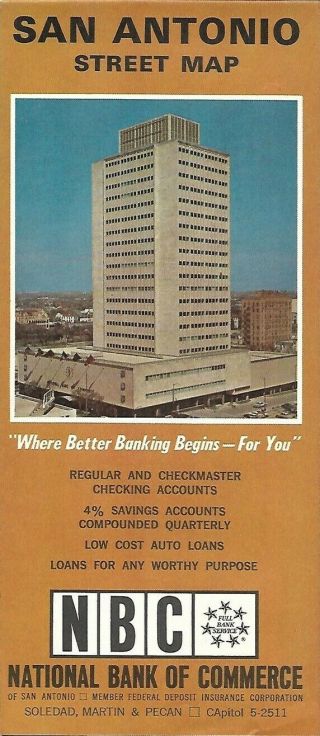 1962 National Bank Of Commerce Road Map San Antonio Texas Alamo Terrell Hills